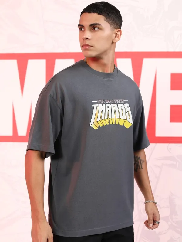 Marvel By Highlander Men Grey Thanos Printed Oversized Fit T-Shirt