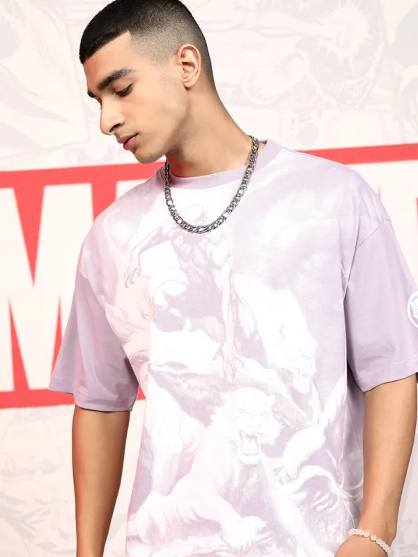 Marvel By Highlander Men Mauve Black Panther Printed Round Neck Oversized Fit T-Shirt