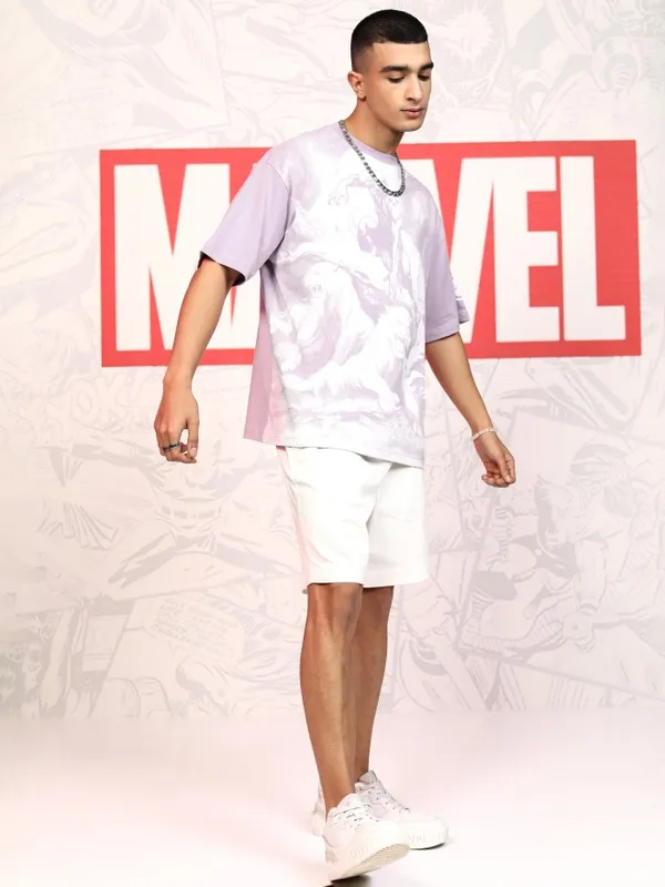 Marvel By Highlander Men Mauve Black Panther Printed Round Neck Oversized Fit T-Shirt