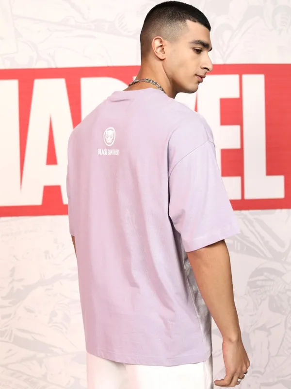 Marvel By Highlander Men Mauve Black Panther Printed Round Neck Oversized Fit T-Shirt