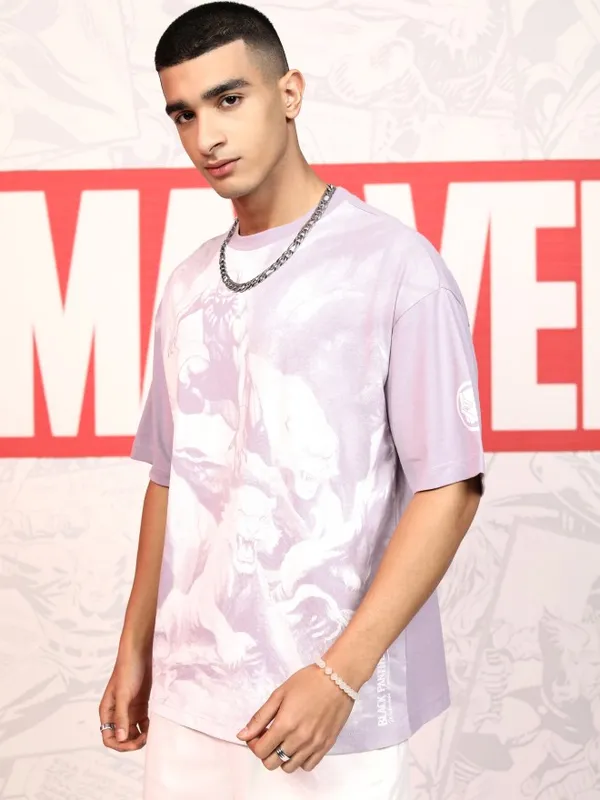 Marvel By Highlander Men Mauve Black Panther Printed Round Neck Oversized Fit T-Shirt