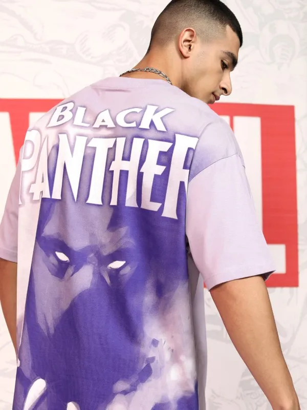 Marvel By Highlander Men Mauve Black Panther Printed Round Neck Oversized Fit T-Shirt