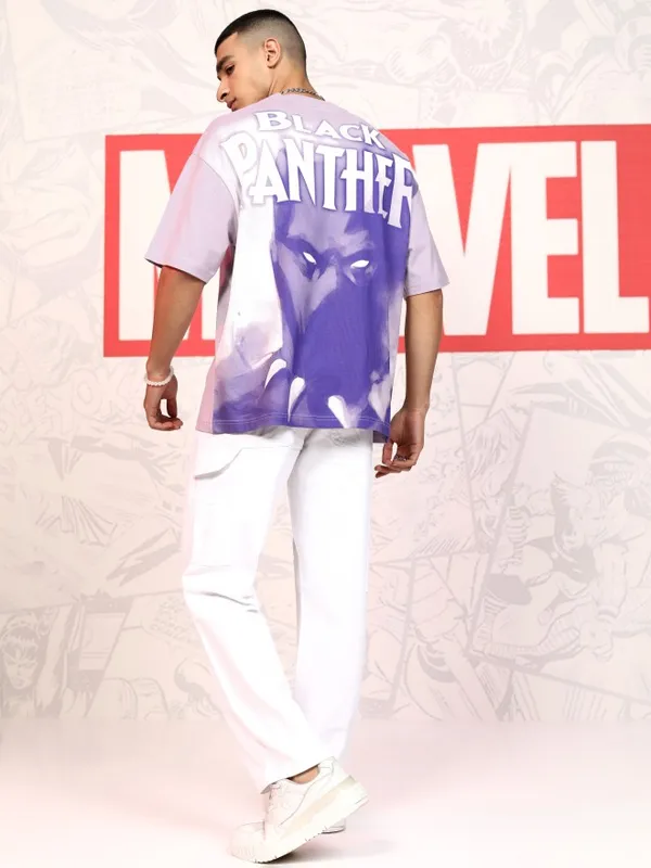 Marvel By Highlander Men Mauve Black Panther Printed Round Neck Oversized Fit T-Shirt