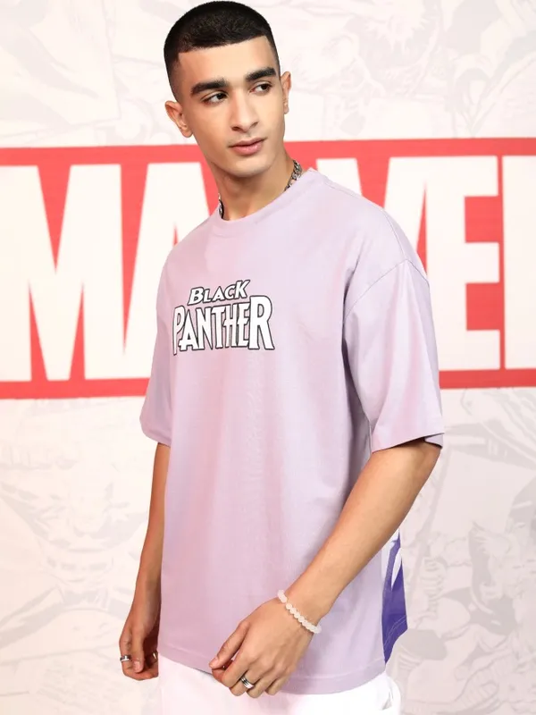Marvel By Highlander Men Mauve Black Panther Printed Round Neck Oversized Fit T-Shirt