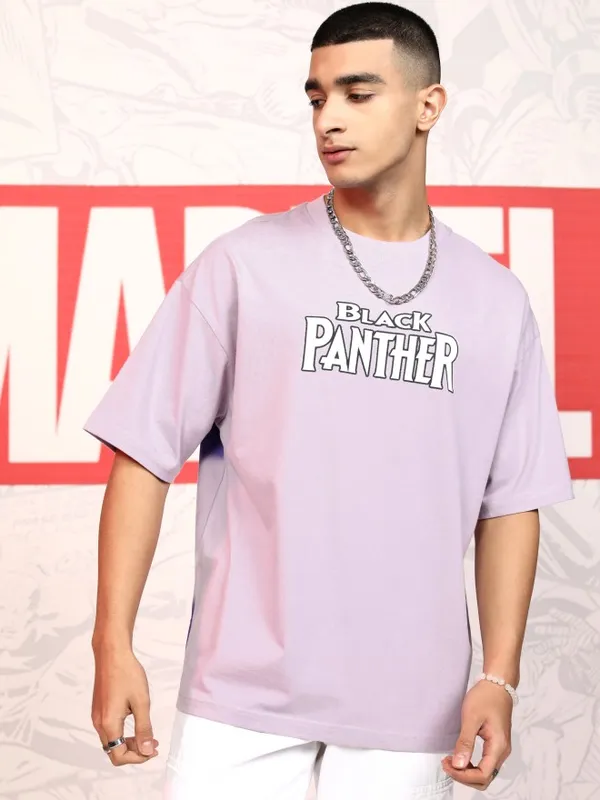 Marvel By Highlander Men Mauve Black Panther Printed Round Neck Oversized Fit T-Shirt
