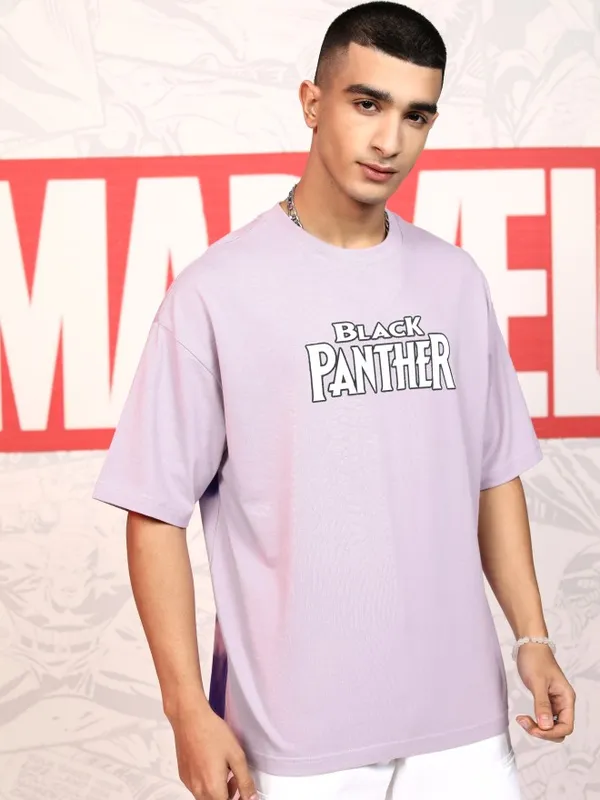 Marvel By Highlander Men Mauve Black Panther Printed Round Neck Oversized Fit T-Shirt