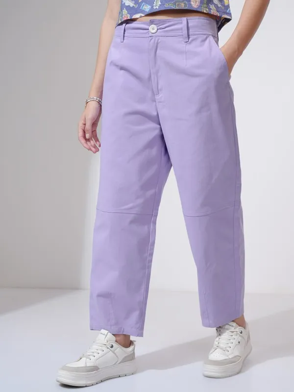 Tokyo Talkies Women Purple Solid Straight Fit Casual Trouser