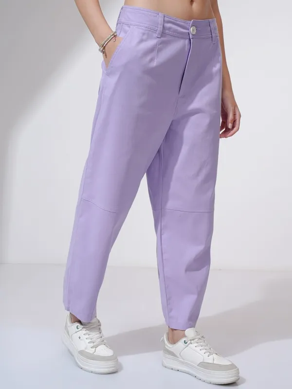 Tokyo Talkies Women Purple Solid Straight Fit Casual Trouser