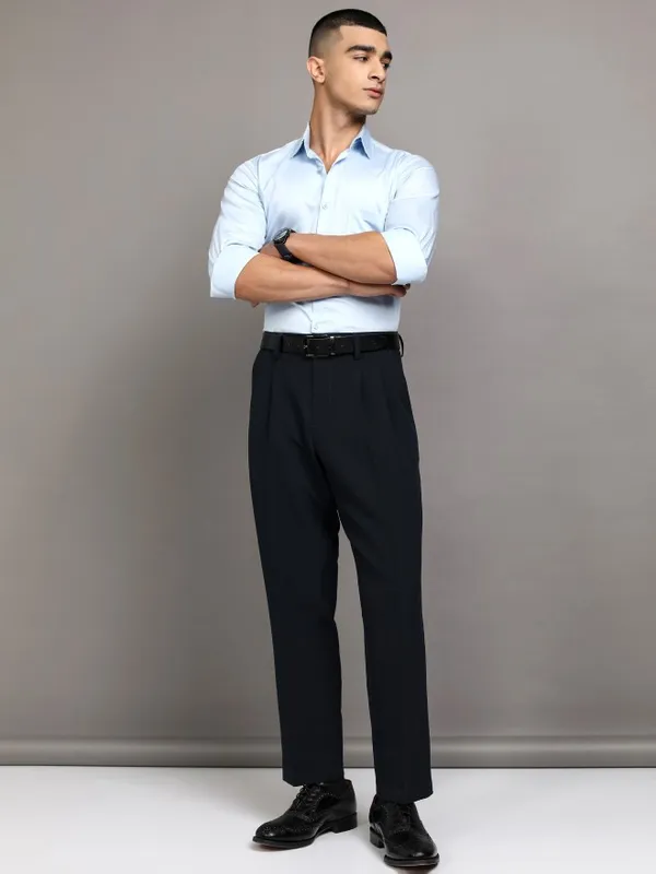 Highlander Men Navy Blue Straight Fit Solid Formal Trouser