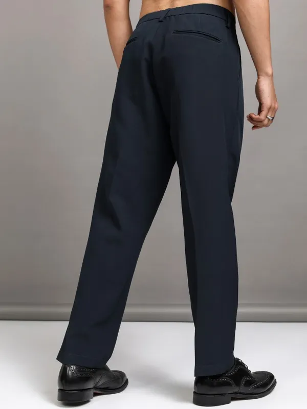 Highlander Men Navy Blue Straight Fit Solid Formal Trouser