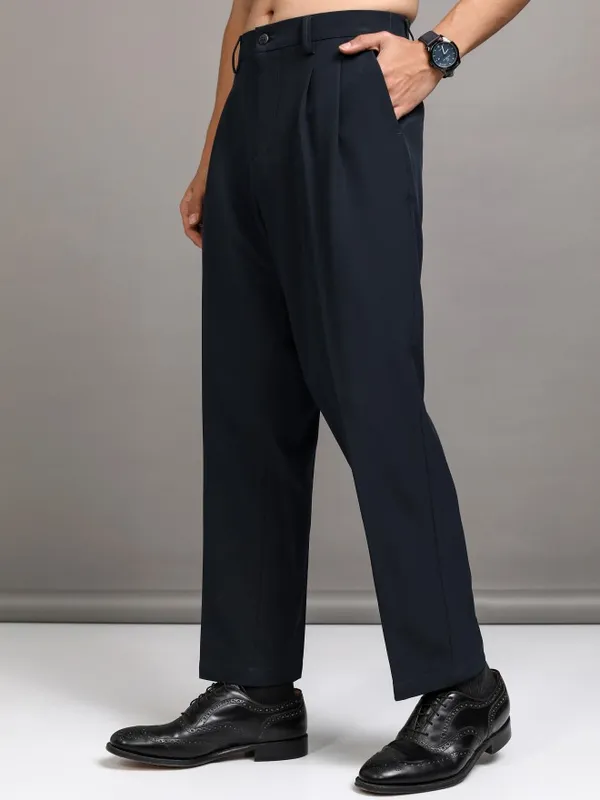 Highlander Men Navy Blue Straight Fit Solid Formal Trouser