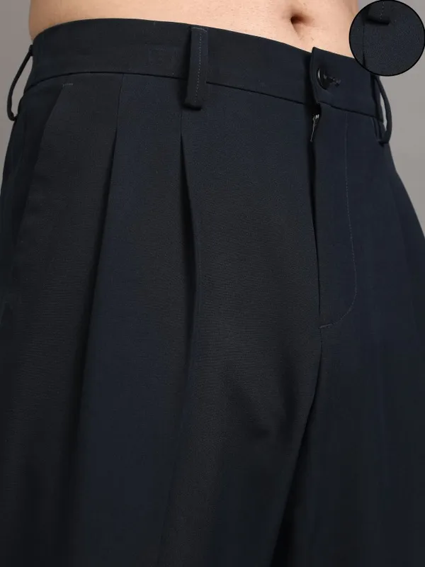 Highlander Men Navy Blue Straight Fit Solid Formal Trouser
