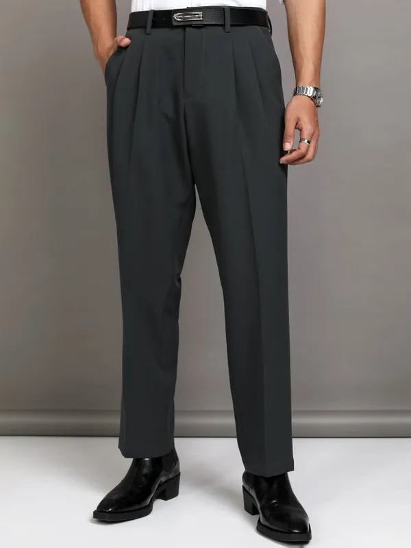 Highlander Men Grey Straight Fit Solid Formal Trouser