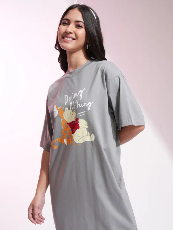 Disney By Tokyo Talkies Women Grey Winnie The Pooh Printed T-Shirt Dress