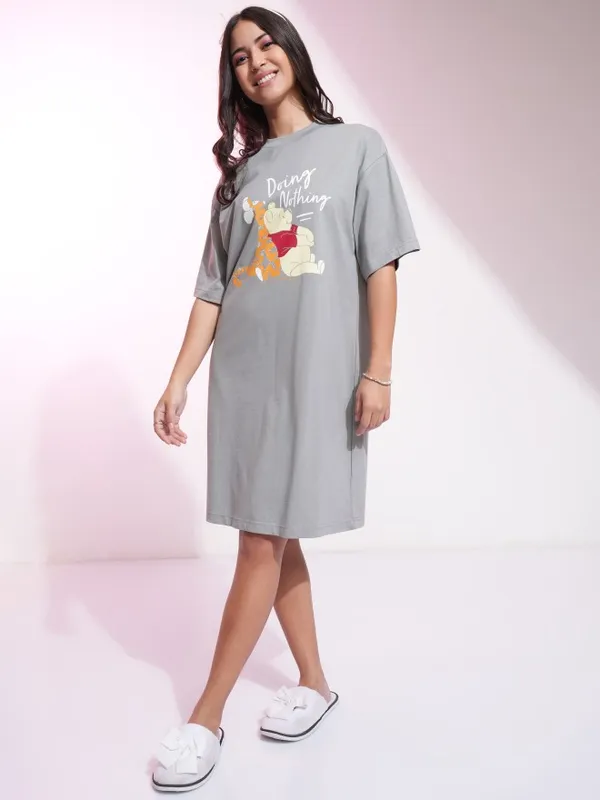 Disney By Tokyo Talkies Women Grey Winnie The Pooh Printed T-Shirt Dress