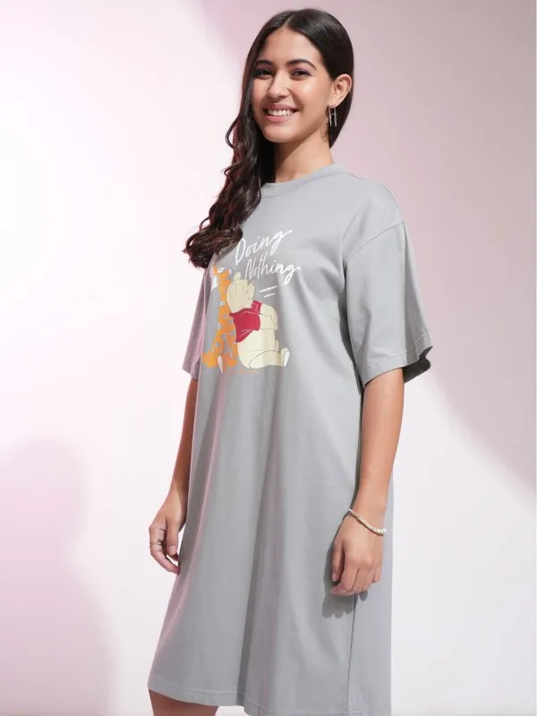 Disney By Tokyo Talkies Women Grey Winnie The Pooh Printed T-Shirt Dress