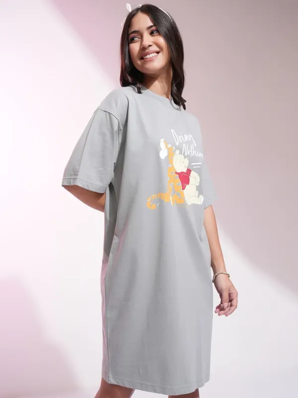 Disney By Tokyo Talkies Women Grey Winnie The Pooh Printed T-Shirt Dress