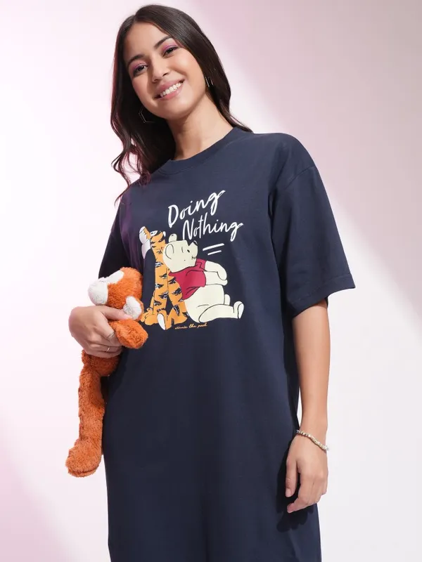 Disney By Tokyo Talkies Women Navy Blue Winnie The Pooh Printed T-Shirt Dress