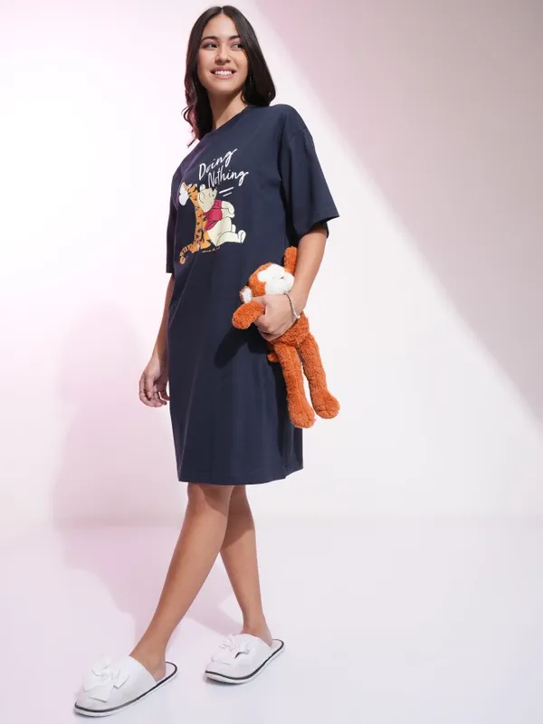 Disney By Tokyo Talkies Women Navy Blue Winnie The Pooh Printed T-Shirt Dress