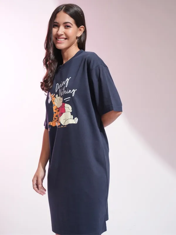 Disney By Tokyo Talkies Women Navy Blue Winnie The Pooh Printed T-Shirt Dress