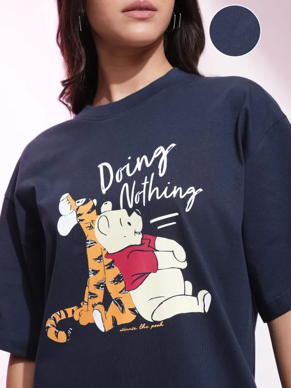 Disney By Tokyo Talkies Women Navy Blue Winnie The Pooh Printed T-Shirt Dress