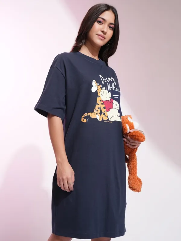 Disney By Tokyo Talkies Women Navy Blue Winnie The Pooh Printed T-Shirt Dress