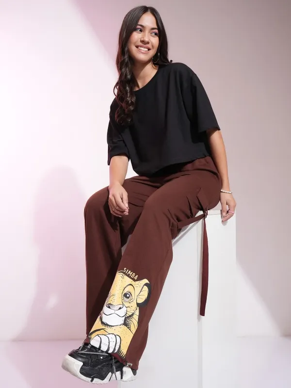 Disney By Tokyo Talkies Women Brown Lion King Printed Straight Fit Casual Trousers