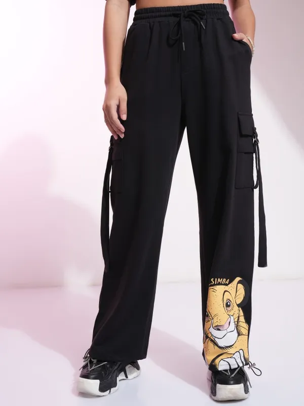 Disney By Tokyo Talkies Women Black Lion King Printed Straight Fit Casual Trousers