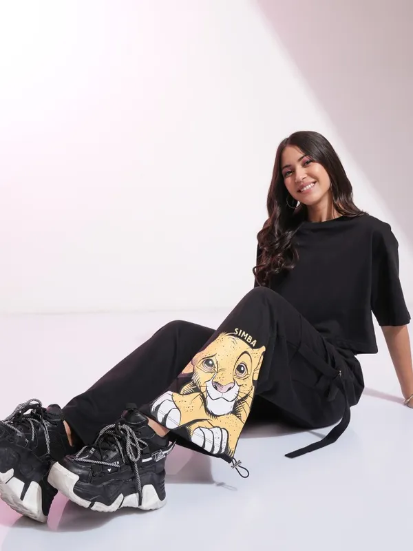 Disney By Tokyo Talkies Women Black Lion King Printed Straight Fit Casual Trousers