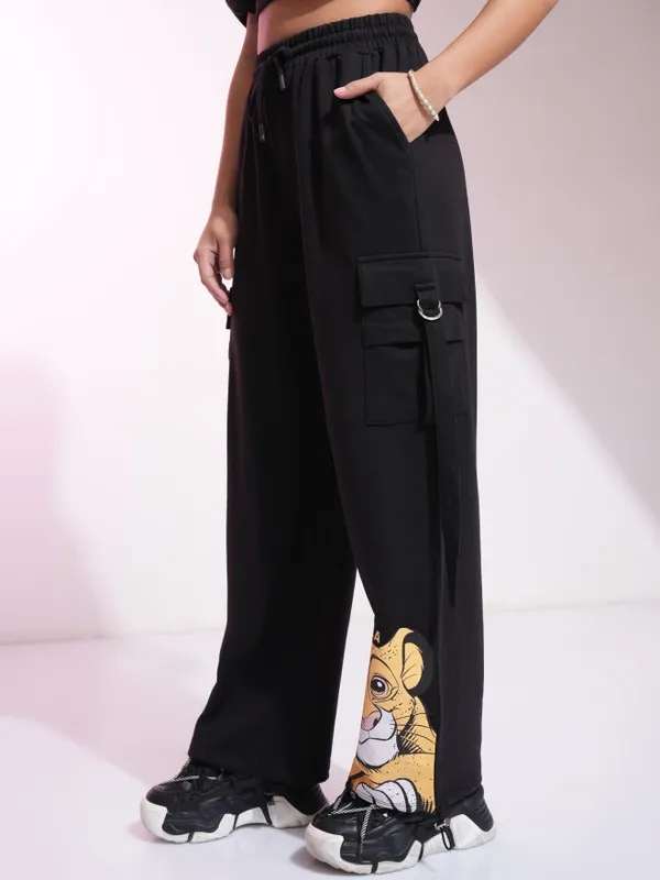 Disney By Tokyo Talkies Women Black Lion King Printed Straight Fit Casual Trousers