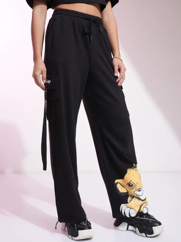 Disney By Tokyo Talkies Women Black Lion King Printed Straight Fit Casual Trousers