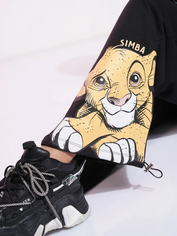 Disney By Tokyo Talkies Women Black Lion King Printed Straight Fit Casual Trousers
