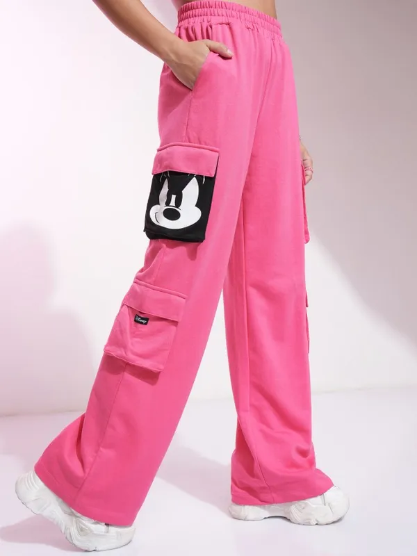Disney By Tokyo Talkies Women Pink Mickey Mouse Printed Straight Fit Cargos