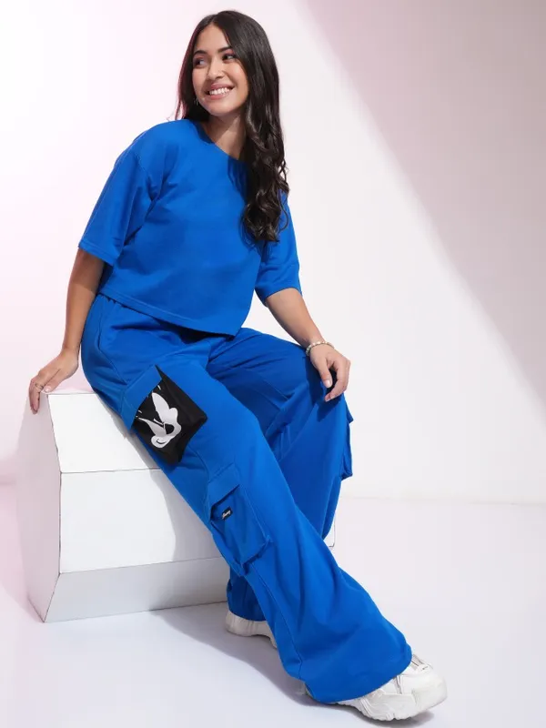 Disney By Tokyo Talkies Women Blue Mickey Mouse Printed Straight Fit Cargos