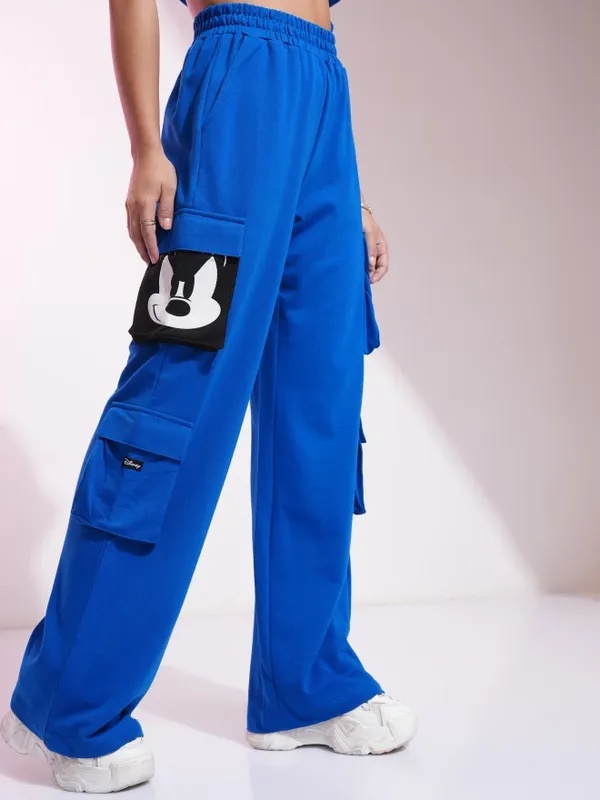 Disney By Tokyo Talkies Women Blue Mickey Mouse Printed Straight Fit Cargos