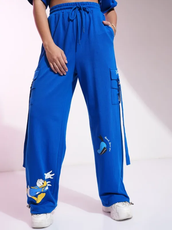 Disney By Tokyo Talkies Women Blue Donald Duck Printed Straight Fit Casual Trousers