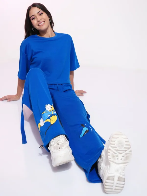 Disney By Tokyo Talkies Women Blue Donald Duck Printed Straight Fit Casual Trousers