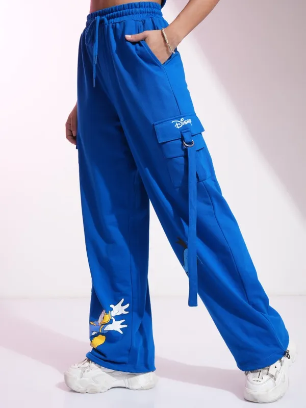 Disney By Tokyo Talkies Women Blue Donald Duck Printed Straight Fit Casual Trousers