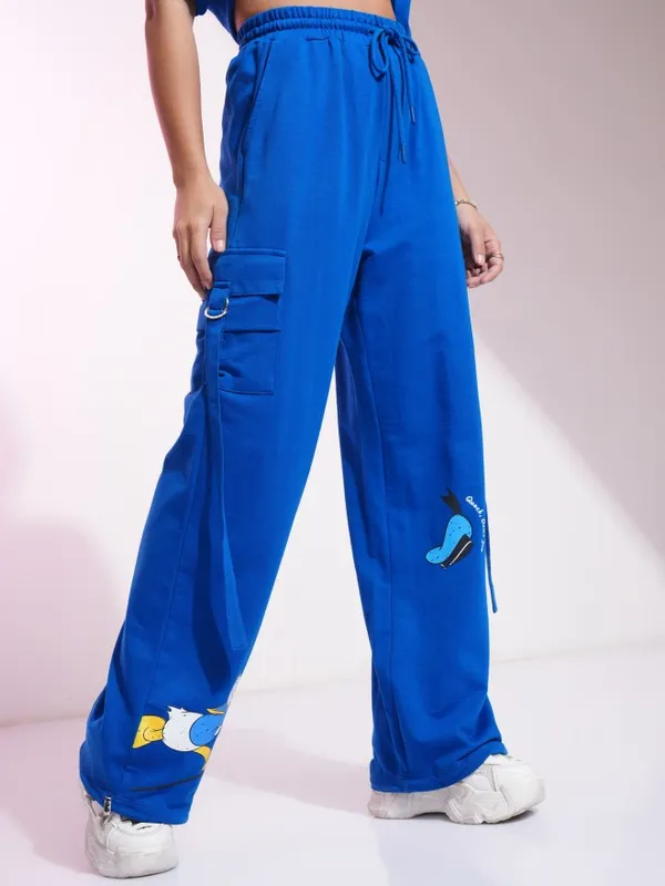 Disney By Tokyo Talkies Women Blue Donald Duck Printed Straight Fit Casual Trousers