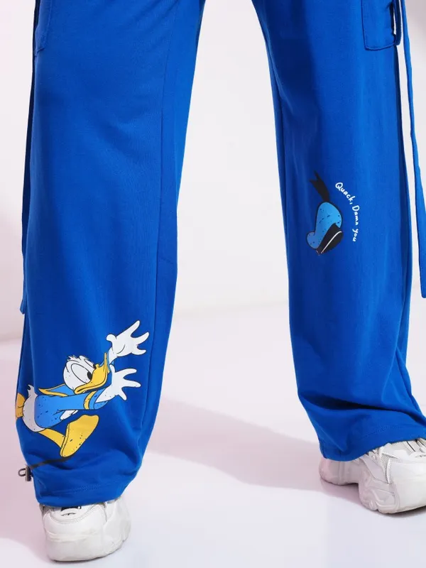 Disney By Tokyo Talkies Women Blue Donald Duck Printed Straight Fit Casual Trousers