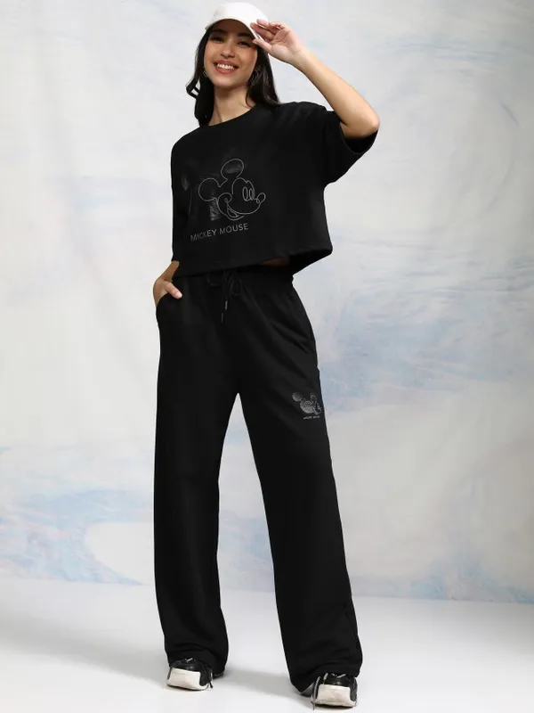 Disney By Tokyo Talkies Women Black Mickey Mouse T-shirt With Trouser