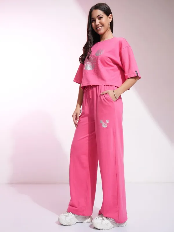 Disney By Tokyo Talkies Women Pink Mickey Mouse T-shirt With Trouser