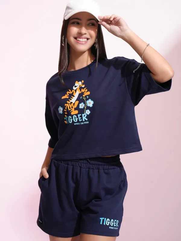 Disney By Tokyo Talkies Women Navy Tigger Tshirt With Short Co-Ords