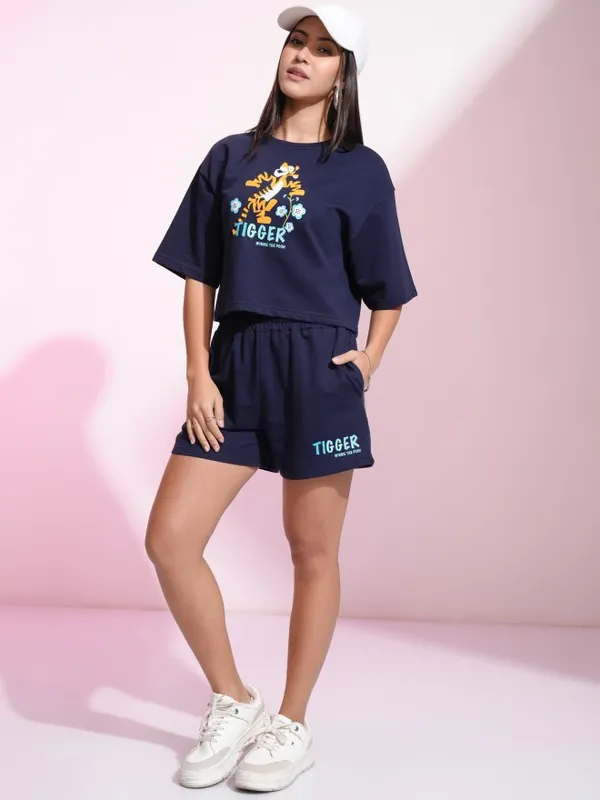 Disney By Tokyo Talkies Women Navy Tigger Tshirt With Short Co-Ords