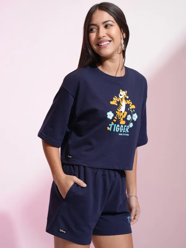 Disney By Tokyo Talkies Women Navy Tigger Tshirt With Short Co-Ords