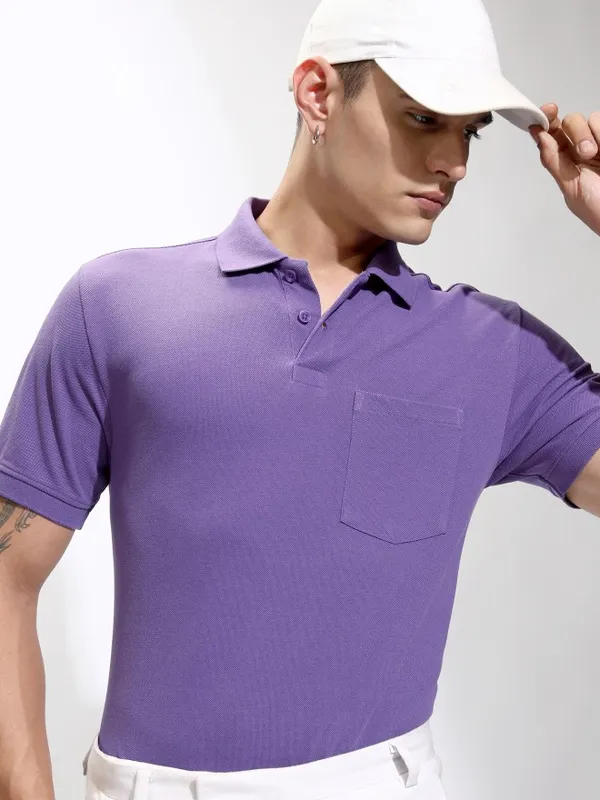 Highlander Men Purple Self Design Polo Collar T-Shirt