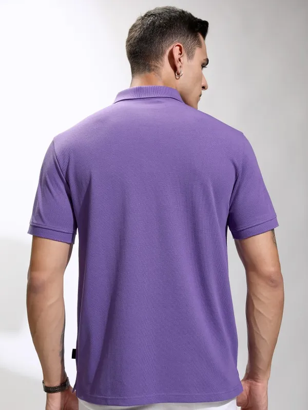 Highlander Men Purple Self Design Polo Collar T-Shirt