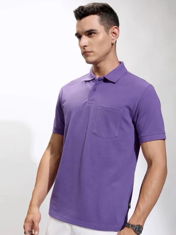 Highlander Men Purple Self Design Polo Collar T-Shirt