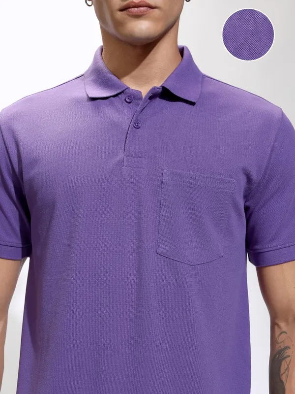 Highlander Men Purple Self Design Polo Collar T-Shirt