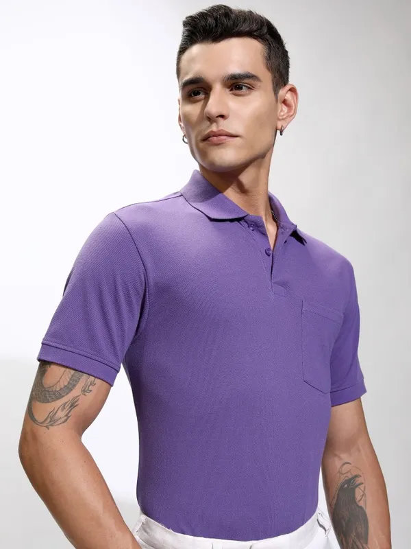 Highlander Men Purple Self Design Polo Collar T-Shirt